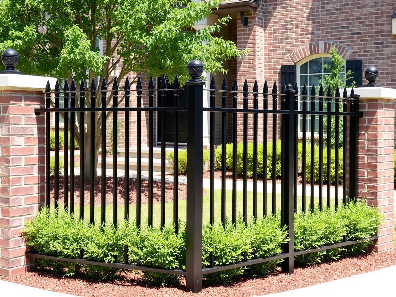 Black aluminum ornamental fence with brick columns