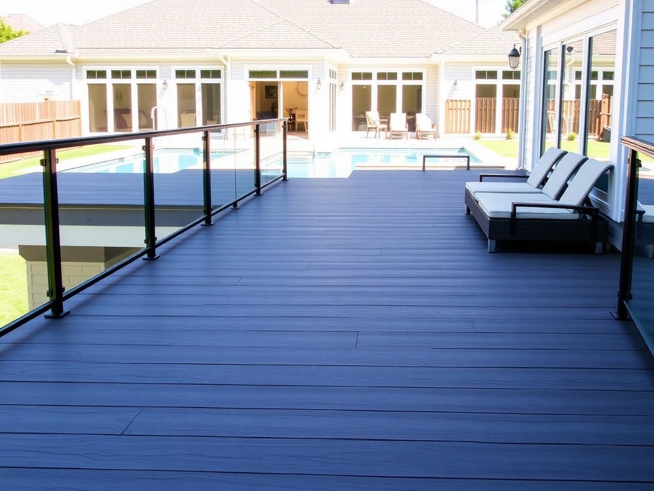 Composite deck with glass railing overlooking a pool