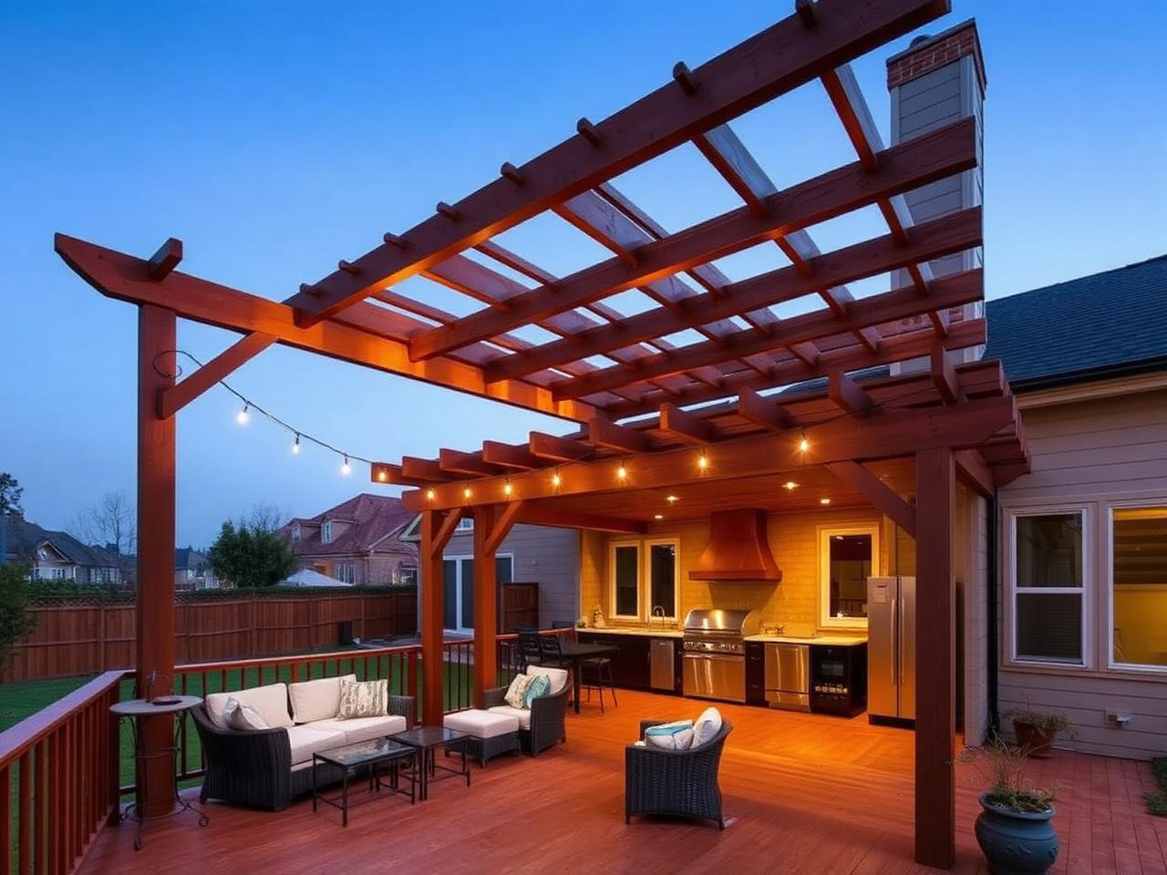 Cedar pergola over a wood deck with outdoor kitchen