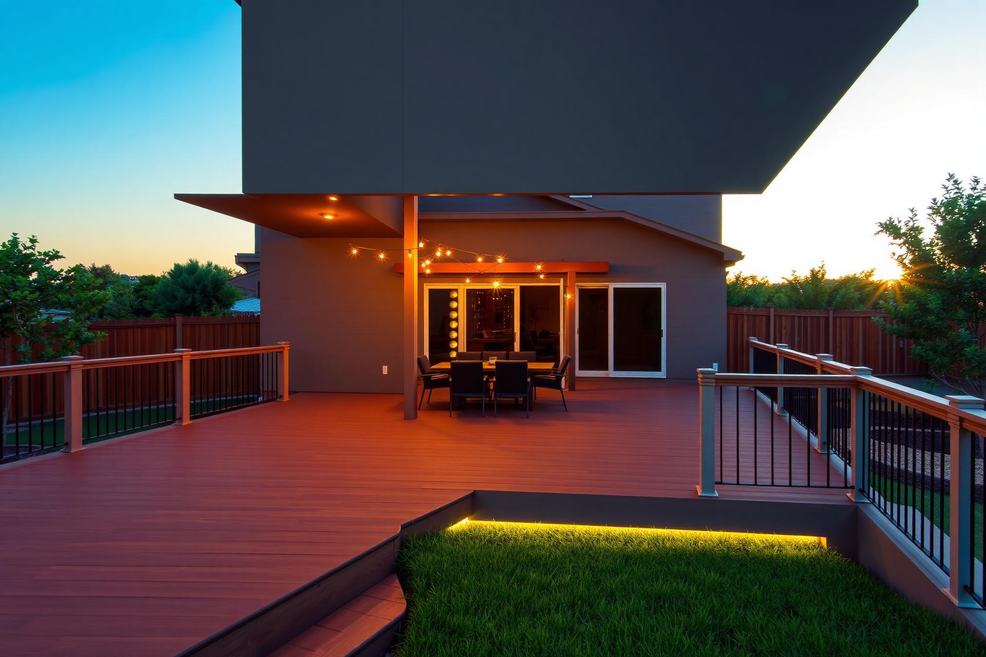 Custom composite deck with pergola and cedar privacy fence at sunset in a Texas backyard